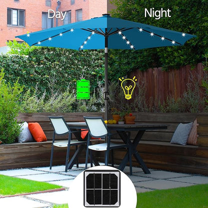 Yaheetech 10FT Solar Patio Umbrella 32 LED Lighted Outdoor Table Market Umbrella with 8 Ribs/Tilt Adjustment and UV-Resistant, Sky Blue