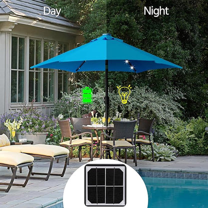 Yaheetech 7.5FT Solar Umbrella LED Lighted Patio Umbrella Waterproof & UV Protection, Market Sunshade w/Tilt and Crank for Backyard, Deck and Pool, Sky Blue