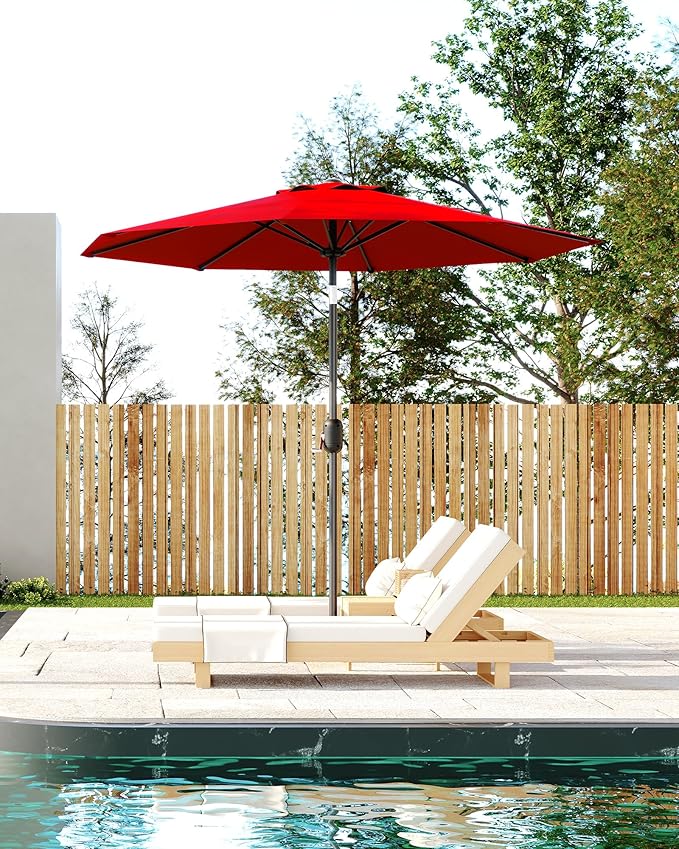 10FT Patio Umbrella Outdoor, Market Umbrella, Table Umbrella with Push Button Tilt and Crank, 8 Sturdy Ribs UV Protection Waterproof for Garden, Pool, Deck, Backyard (Red)