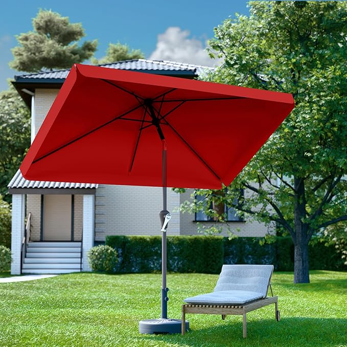 6.5 * 10FT Rectangular Patio Umbrella Table Market Umbrella w/Tilt and Crank Outdoor Umbrellas for Garden, Deck, Backyard, Pool and Beach, Red