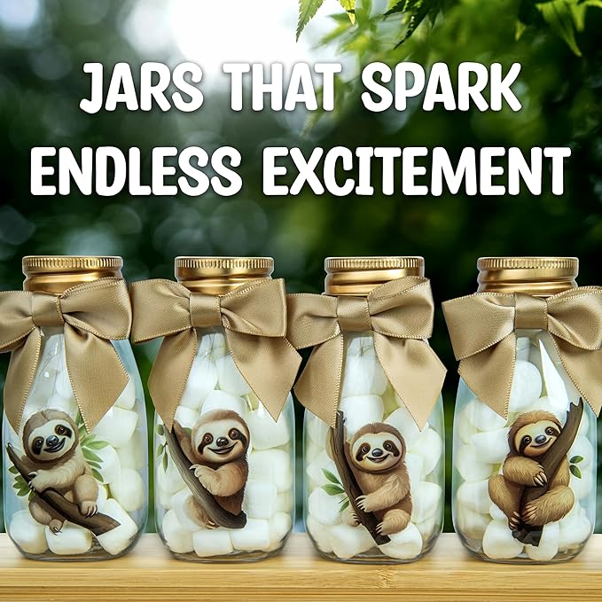Small 12 Pack Sloth Party Favors - DIY Candy Jars with Ribbons and Stickers - Party Decoration Bottles for Birthday, School Classroom and Baby Shower - Sloth Table Centerpiece Gifts for Kids