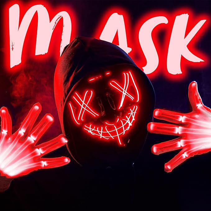 JOYIN Halloween Led Light Up Scary Mask and Gloves for Halloween Cosplay Costume (Red), 3 Modes Glow in The Dark Mask for Adult Women Men Boys Girls Trick or Treat, Party Dress Up Accessories Gifts