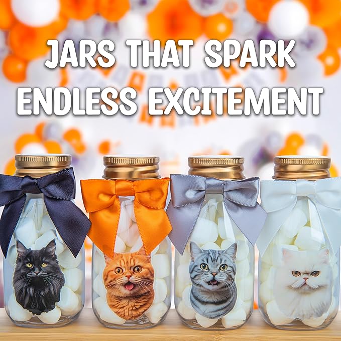 Small 12 Pack Cat Party Favors - DIY Candy Jars with Ribbons and Stickers - Kitty Decoration Bottles for Birthday and School Classroom Kids - Kawaii Treat Table Centerpiece for Boys and Girls