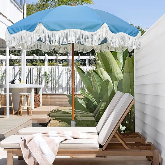 AMMSUN Boho Fringe Umbrella Outdoor Patio, 6.5ft UPF50+ Picnic Umbrella with Tassels with Steel Pole and Push Button Tilt, Blue