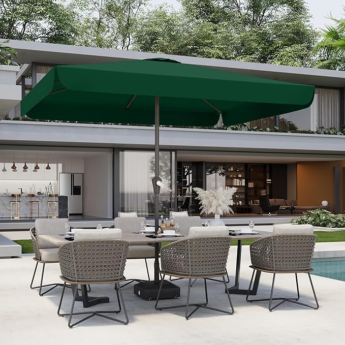 8 * 10FT Rectangular Patio Umbrella Table Market Umbrella w/Crank Outdoor Umbrellas for Garden, Deck, Backyard, Pool and Beach, Dark Green