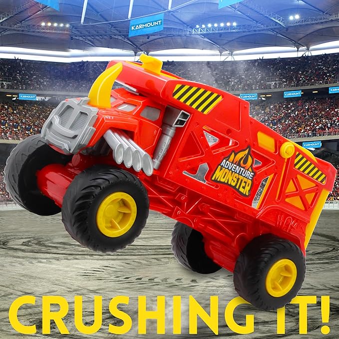 4-in-1 Mounster Truck Transport Carrier Playset, Red Mover Rhino Toy Cars Hauler Set for Children, Including 3 Diecast Monster Trucks, Ideal Gift for Kids 3+