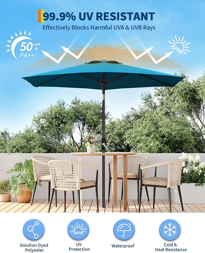7.5FT Patio Umbrella Outdoor, Market Umbrella, Table Umbrella with Push Button Tilt and Crank, 6 Sturdy Ribs UV Protection Waterproof for Garden, Pool, Deck, Backyard (Turquoise Blue)