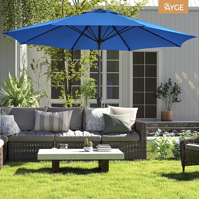 Ayge 9FT Large Outdoor Patio Umbrella Market Table Umbrella-UV Resistant, Easy Push Button Tilt and Crank, 8 Sturdy Fiberglass Ribs Heavy-Duty Pool Umbrella for Deck, Backyard,Garden