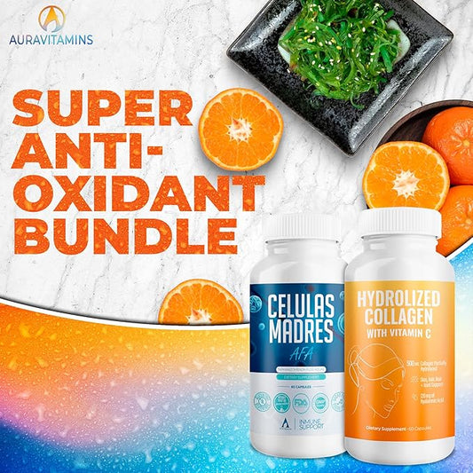 Aura Vitamin Mega Antioxidant Bundle | Hydrolyzed Collagen & AFA Stem Cell | Hydrolyzed Collagen with Vitamin C, Aphanizomenon Flos-Aquae | Celula Madre Skin, Hair and Nail Support – 60 Each Caps (1)