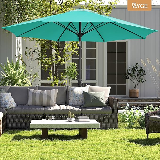Ayge 9FT Large Outdoor Patio Umbrella Market Table Umbrella-UV Resistant, Easy Push Button Tilt and Crank, 8 Sturdy Fiberglass Ribs Heavy-Duty Pool Umbrella for Deck, Backyard,Garden