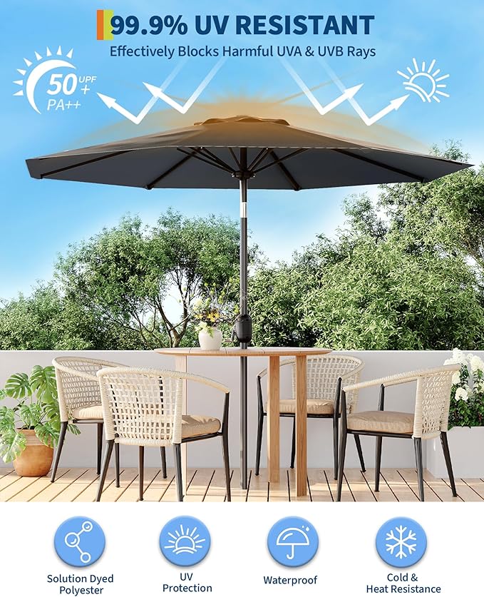 10FT Patio Umbrella Outdoor, Market Umbrella, Table Umbrella with Push Button Tilt and Crank, 8 Sturdy Ribs UV Protection Waterproof for Garden, Pool, Deck, Backyard (Grey)