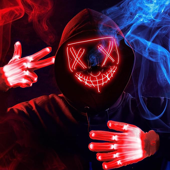 JOYIN Halloween Led Light Up Scary Mask and Gloves for Halloween Cosplay Costume (Red), 3 Modes Glow in The Dark Mask for Adult Women Men Boys Girls Trick or Treat, Party Dress Up Accessories Gifts