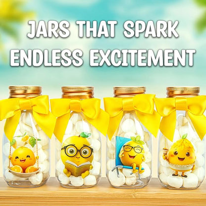 Small 12 Pack Lemon Party Favors - DIY Candy Jars with Ribbons and Stickers - Party Decoration Bottles for Wedding, Birthday, Classroom, and Baby Shower - Lemon Table Centerpiece for Kids