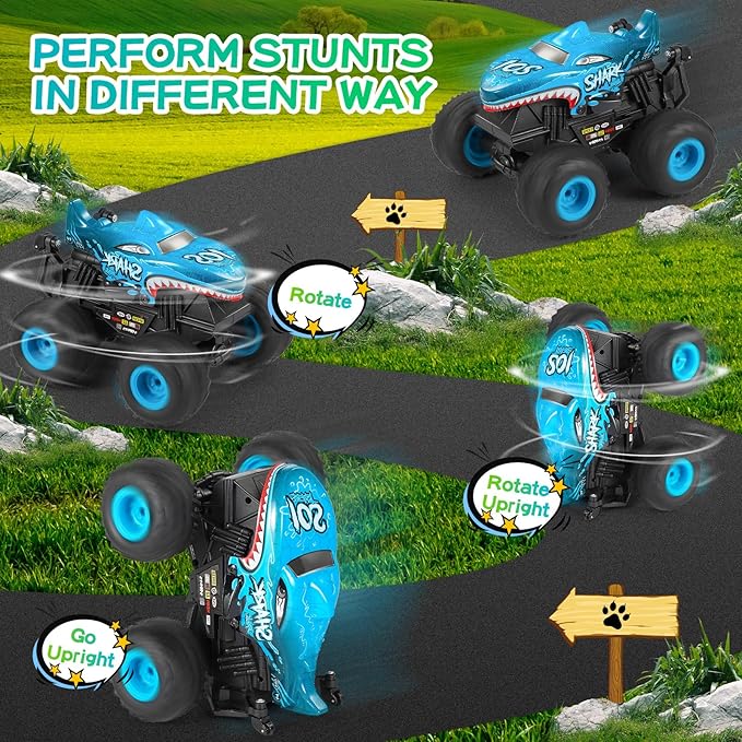 DYODYORC Remote Control Car, 2.4Ghz All Terrain Shark Monster Truck Toys, RC Truck with Music, 3 Lighting Effects, 360 Stunt Capable, All Included Ready to Run, Toy Gifts for Boys and Girls (Blue)