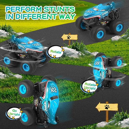 DYODYORC Remote Control Car, 2.4Ghz All Terrain Shark Monster Truck Toys, RC Truck with Music, 3 Lighting Effects, 360 Stunt Capable, All Included Ready to Run, Toy Gifts for Boys and Girls (Blue)