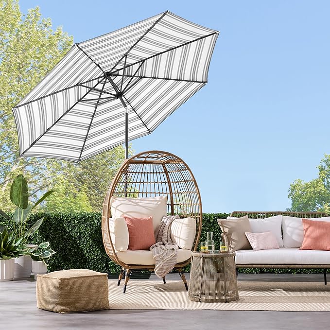Best Choice Products 10ft Solar Polyester LED Lighted Patio Umbrella w/Tilt Adjustment and UV-Resistant Fabric - Striped Gray