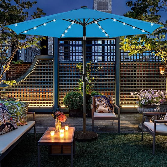 Yaheetech 10FT Solar Patio Umbrella 32 LED Lighted Outdoor Table Market Umbrella with 8 Ribs/Tilt Adjustment and UV-Resistant, Sky Blue