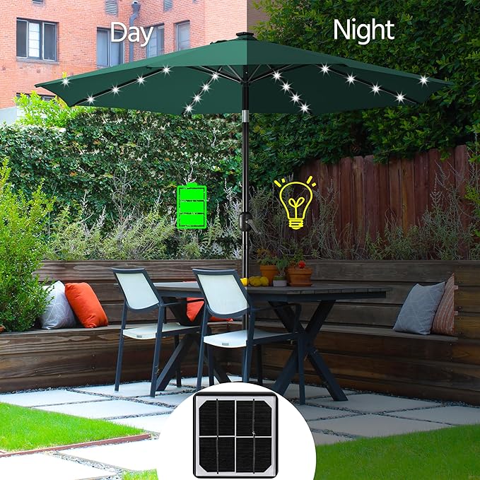 Yaheetech 10FT LED Lighted Patio Umbrella, Outdoor Solar Table Umbrella with 8 Ribs/Tilt Adjustment and Crank Lift System for Garden/Deck/Pool, Dark Green