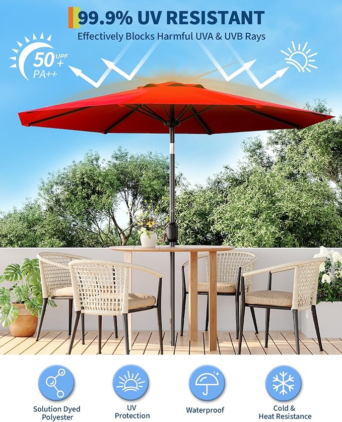 10FT Patio Umbrella Outdoor, Market Umbrella, Table Umbrella with Push Button Tilt and Crank, 8 Sturdy Ribs UV Protection Waterproof for Garden, Pool, Deck, Backyard (Red)
