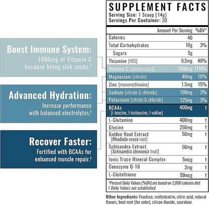 Wilderness Athlete - Hydrate & Recover | Liquid Hydration Powder Electrolyte Drink Mix - Recover Faster with Bcaas - Hydrate Powder with 1000mg of Vitamin C - 30 Serving Tub (Strawberry Pomegranate)