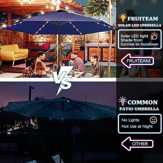 FRUITEAM 7.5FT Solar Patio Umbrella Outdoor LED Umbrella,Table Umbrella with Lights Heavy Duty Patio Umbrella with Sturdy Ribs, Crank, Easy Tilt Adjustment