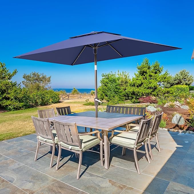 6.6x10ft Rectangular Patio Umbrella, 2 Tiers Outdoor Table Umbrellas with Push Button Tilt and Crank for Patio, Pool, Backyard, Deck, Picnic, Yard (Navy)