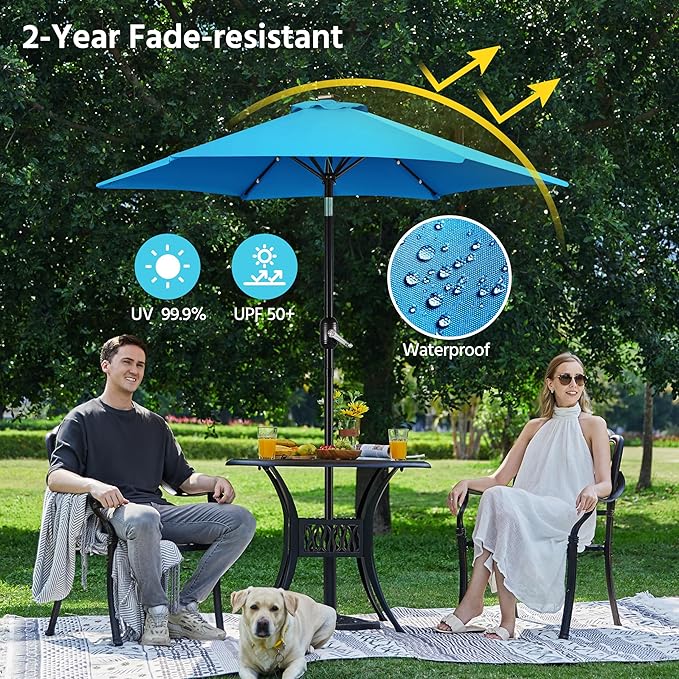 Yaheetech 7.5FT Solar Umbrella LED Lighted Patio Umbrella Waterproof & UV Protection, Market Sunshade w/Tilt and Crank for Backyard, Deck and Pool, Sky Blue