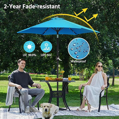 Yaheetech 7.5FT Solar Umbrella LED Lighted Patio Umbrella Waterproof & UV Protection, Market Sunshade w/Tilt and Crank for Backyard, Deck and Pool, Sky Blue