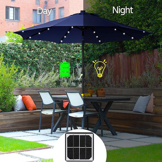 Yaheetech 9FT Solar Powered Patio Umbrella - UV Protection Market Table Umbrella w/ 32 LED Lights & Push Button Tilt & Crank Lift System for Garden/Lawn/Deck/Backyard/Pool, Navy Blue