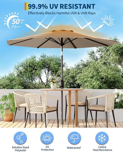 9FT Patio Umbrella Outdoor, Market Umbrella, Table Umbrella with Push Button Tilt and Crank, 8 Sturdy Ribs UV Protection Waterproof for Garden, Pool, Deck, Backyard (Tan)
