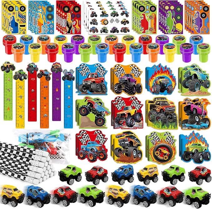 BenLouis 192Pcs Monster Truck Party Favors Truck Car Birthday Stampers Stickers School Stationery Set Bulk for Kids wheels party Race Car Themed Party Goodie Bag Stuffers Pinata Filler Supplies
