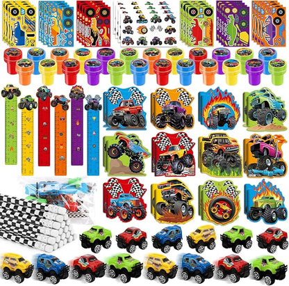 BenLouis 192Pcs Monster Truck Party Favors Truck Car Birthday Stampers Stickers School Stationery Set Bulk for Kids wheels party Race Car Themed Party Goodie Bag Stuffers Pinata Filler Supplies