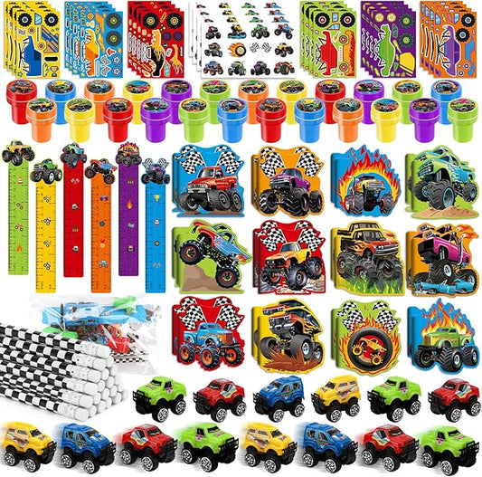 BenLouis 192Pcs Monster Truck Party Favors Truck Car Birthday Stampers Stickers School Stationery Set Bulk for Kids wheels party Race Car Themed Party Goodie Bag Stuffers Pinata Filler Supplies