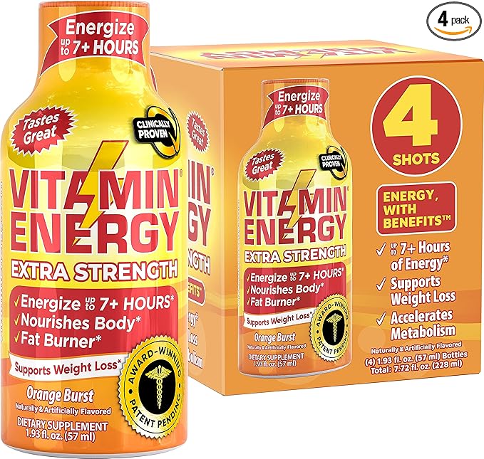 Vitamin Energy Immune+ Extra Strength Energy Shot – Orange Burst – 100% DV B-Vitamins & 260mg Caffeine – Zero Calories, Sugar-Free, Vegan, – Immunity & Energy Support – 1.93 fl oz, 4-Pack