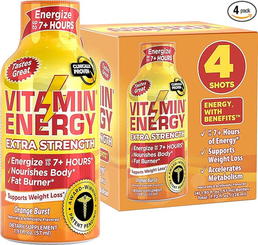 Vitamin Energy Immune+ Extra Strength Energy Shot – Orange Burst – 100% DV B-Vitamins & 260mg Caffeine – Zero Calories, Sugar-Free, Vegan, – Immunity & Energy Support – 1.93 fl oz, 4-Pack