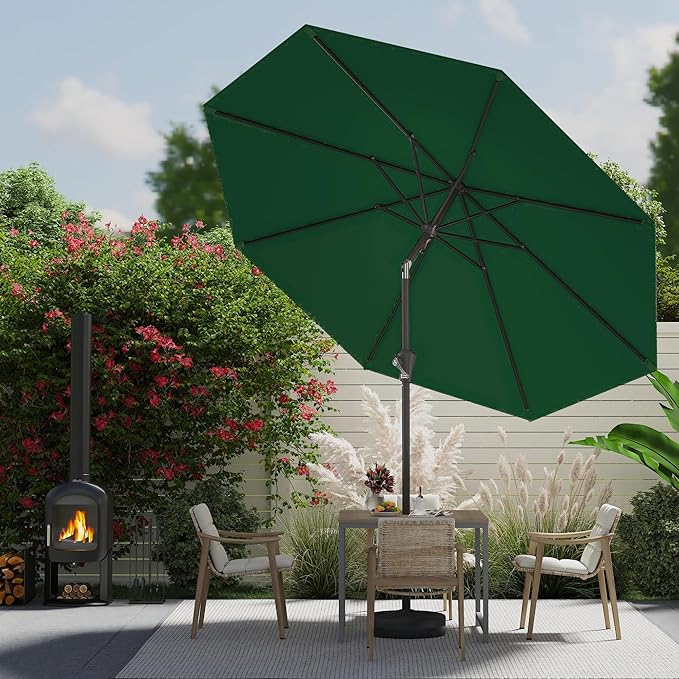 9 FT Patio Umbrella for Outdoor, Outdoor Umbrella with Push Button Tilt and Crank, Outdoor Patio Umbrellas with 8 Sturdy Ribs for Market, Garden, Deck, Backyard, Pool (Dark Green)