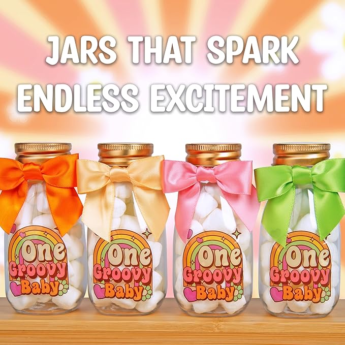 Small 12 Pack One Groovy Baby Party Favors - DIY Candy Jars with Ribbons and Stickers - Funky Party Decoration Bottles for 1st Birthday Bash for Boy or Girl - Retro Hippie Table Centerpieces