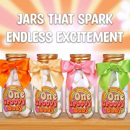 Small 12 Pack One Groovy Baby Party Favors - DIY Candy Jars with Ribbons and Stickers - Funky Party Decoration Bottles for 1st Birthday Bash for Boy or Girl - Retro Hippie Table Centerpieces
