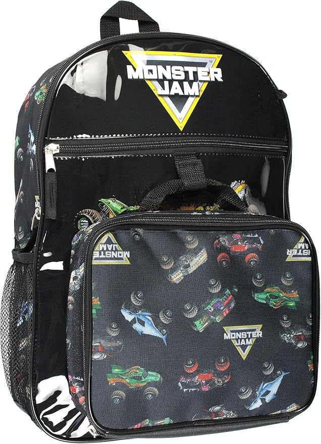 INTIMO Monster Jam Megalodon Grave Digger Max-D Monster Trucks Backpack Lunch Bag Water Bottle Ice Pack 5 Piece Mega Set