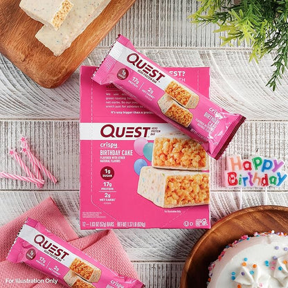 Quest Nutrition Crispy Birthday Cake Hero Protein Bar, 17g Protein, 1g Sugar, 2g Net Carbs, Gluten Free Protein Snack, Keto Friendly, 4 Count
