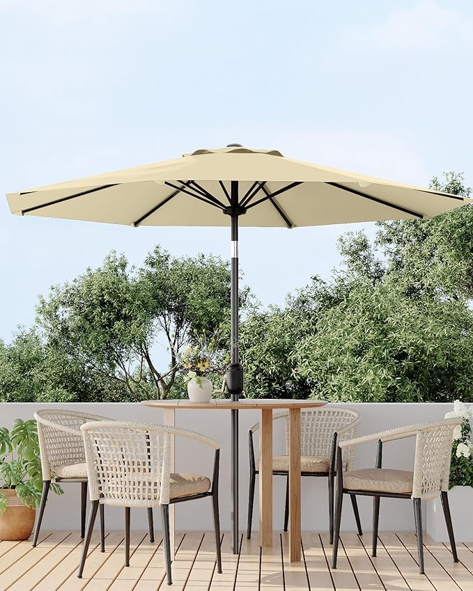 9FT Patio Umbrella Outdoor, Market Umbrella, Table Umbrella with Push Button Tilt and Crank, 8 Sturdy Ribs UV Protection Waterproof for Garden, Pool, Deck, Backyard (Beige)