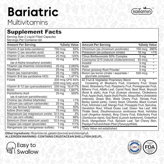 Bariatric Multivitamin with Iron for Post-Bariatric Surgery - Easy-to-Swallow Liquid Capsules with 42 Fruit & Veggie Blend - 120 Capsules, 2 Month Supply