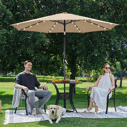 Yaheetech 10FT Solar Powered Patio Umbrella - UV Protection Market Table Umbrella w/ 32 LED Lights & Push Button Tilt & Crank Lift System for Garden/Lawn/Deck/Backyard/Pool,Tan