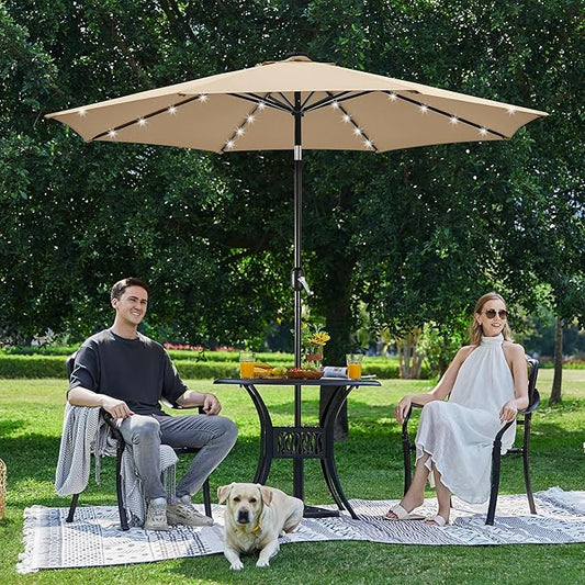 Yaheetech 10FT Solar Powered Patio Umbrella - UV Protection Market Table Umbrella w/ 32 LED Lights & Push Button Tilt & Crank Lift System for Garden/Lawn/Deck/Backyard/Pool,Tan
