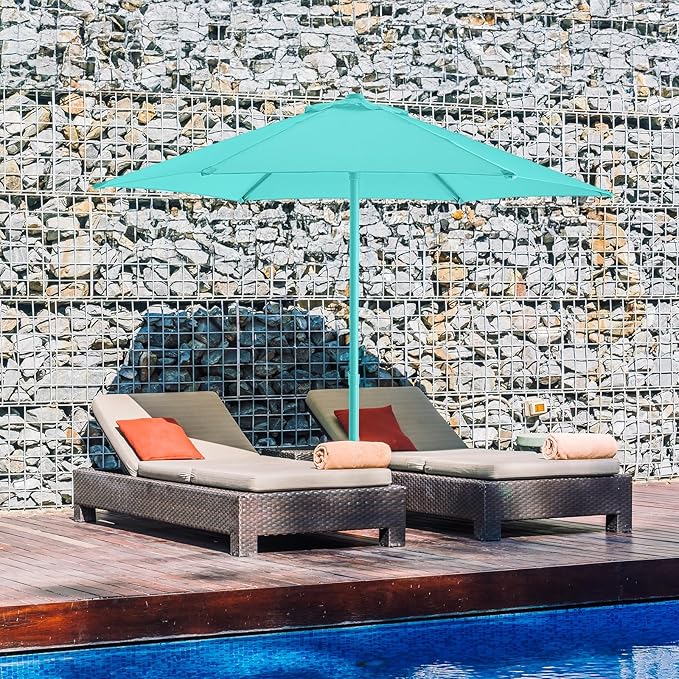 7.5ft Outdoor 1S Push-Up Patio Umbrella - Market Table Pool Deck Umbrella UPF50+ UV Protection with 6 Sturdy Ribs for Balcony, Garden, Lawn, Backyard (Tiffany Blue)