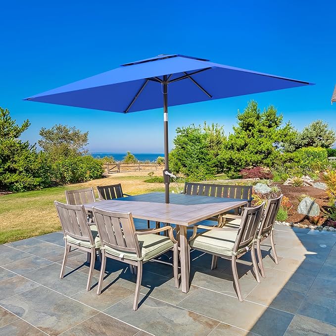 6.6x10ft Rectangular Patio Umbrella, 2 Tiers Outdoor Table Umbrellas with Push Button Tilt and Crank for Patio, Pool, Backyard, Deck, Picnic, Yard (Blue)