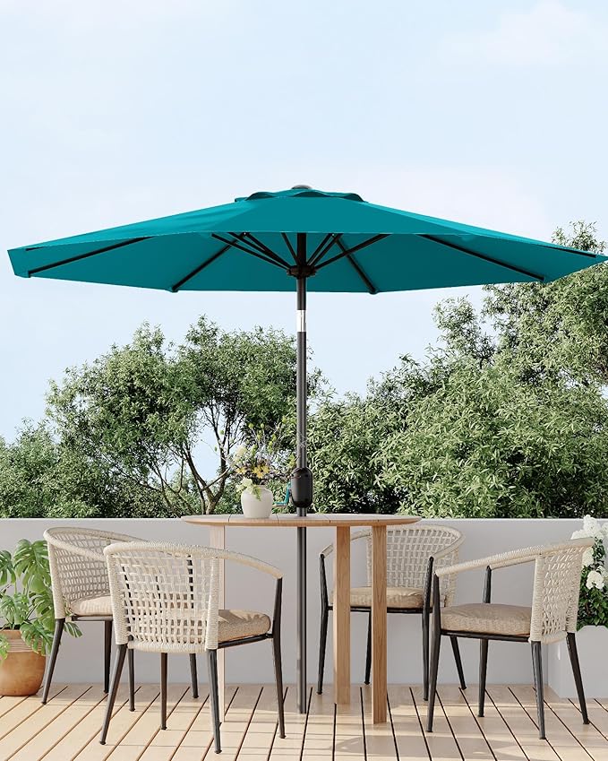 9FT Patio Umbrella Outdoor, Market Umbrella, Table Umbrella with Push Button Tilt and Crank, 8 Sturdy Ribs UV Protection Waterproof for Garden, Pool, Deck, Backyard (Turquoise Blue)