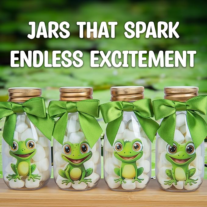 Small 12 Pack Frog Party Favors - DIY Candy Jars with Ribbons and Stickers - Party Decoration Bottles for Birthday, School Classroom, and Baby Shower - Toad Theme Table Centerpiece for Kids