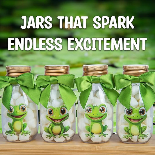 Small 12 Pack Frog Party Favors - DIY Candy Jars with Ribbons and Stickers - Party Decoration Bottles for Birthday, School Classroom, and Baby Shower - Toad Theme Table Centerpiece for Kids