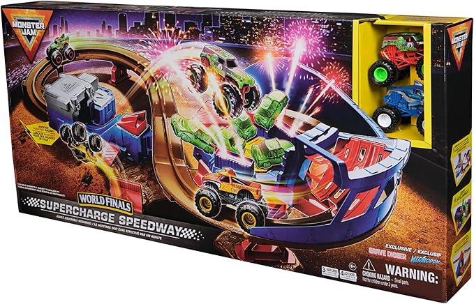 Monster Jam, Supercharge Speedway Playset, Megalodon and El Toro Loco Die-Cast Monster Trucks, Light Up World Finals Track Kids Toys for Boys Ages 3 and Up